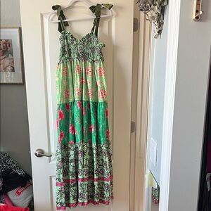 Amazon Green Floral Maxi Dress with Pink Accents